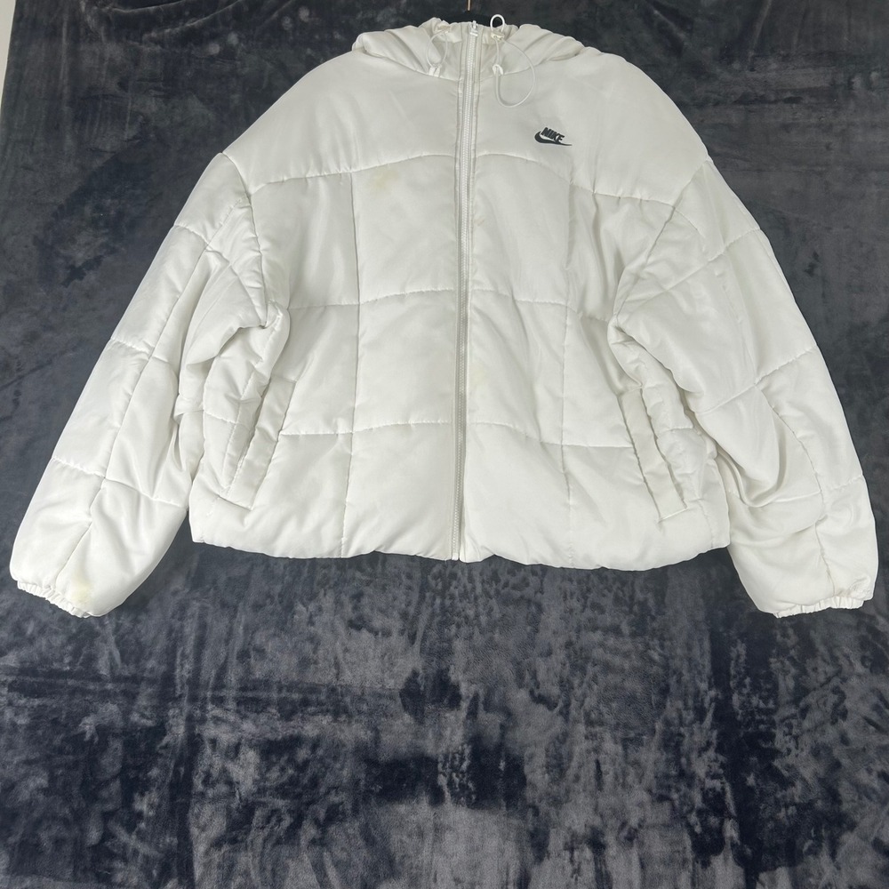 Nike Puffer Jacket Womens XL White Therma-FIT Hooded Quilted Full Zip DJ6995-100